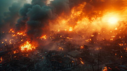 City ablaze: aftermath of disaster, devastation amidst flames.