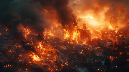 Urban inferno: city engulfed in flames, aftermath of catastrophe.