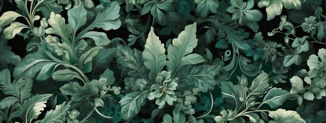 Forest green evolving into emerald and jade tones. Lush, verdant foliage motif with intricate leaf patterns. - obrazy, fototapety, plakaty
