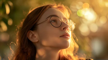Fotobehang Young european woman in glasses with natural red hair stands in thoughtful pose tries to choose something or thinks about future, minimalism style, warm colors, Canon EOS R5 F1.2 ISO100 35mm © Natali