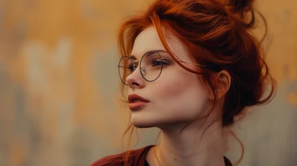 Fotobehang Young european woman in glasses with natural red hair stands in thoughtful pose tries to choose something or thinks about future, minimalism style, warm colors, Canon EOS R5 F1.2 ISO100 35mm © Natali