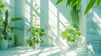 Shadows and light playing on potted green plants in an interior setting. Botanical design and natural home decor concept for design and print. Tranquil greenery scene with copy space