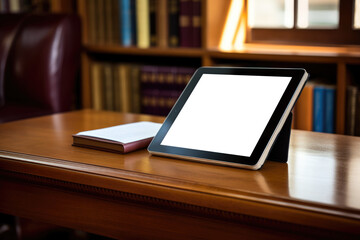 Digital tablet with blank screen on desk with book in library