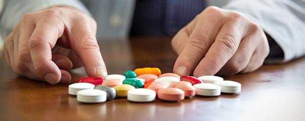 Doctor presenting a handful of various pills