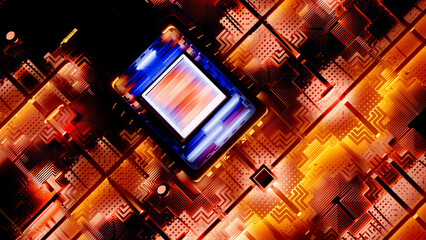 Microchip, power and speed. Presentation of the new microchip. Processor of a computer. Printed circuits. Information, quantum computer. Artificial intelligence, CPU. 3d render - 761781002