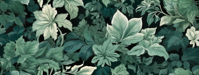 Forest green evolving into emerald and jade tones. Lush, verdant foliage motif with intricate leaf patterns.