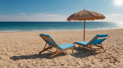 Wooden sun loungers, sun lounger and umbrella on the sand, blue sky and sun and ocean.