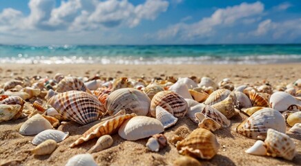 Fototapeta na wymiar many shells, seashell on a sandy beach