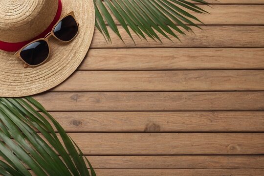 Close up of straw hat, sunglasses and palm leaves, on wooden table, wood texture background, top view, flat lay