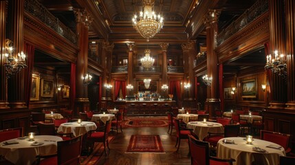 Elegant Dining Room With Chandeliers and Tables