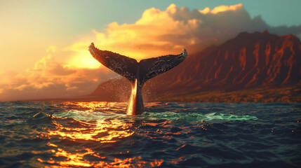  tail fin and flippers of a humpback whale, golden hour in maui - obrazy, fototapety, plakaty