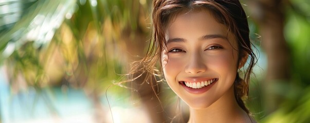 Stunning Asian Woman Smiling Portrait - Sun protection concept - Beach salty hair with Sand on Skin - obrazy, fototapety, plakaty