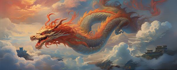 Fiery orange dragon amidst mystical clouds