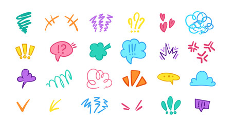 Set of hand-drawn cartoon anime expressions and doodle signs, arrows, emoticon effects, design elements, symbols. Character emotion symbols, cute doodle drawing