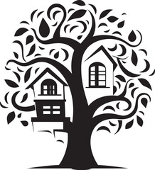 LeafyLair Vector Black Logo Design for Elevated Refuge PerchedPalace Iconic Emblem of Arboreal Hideaway