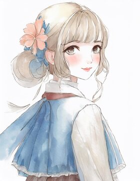 Watercolor illustration of a girl in a blue dress with flowers.