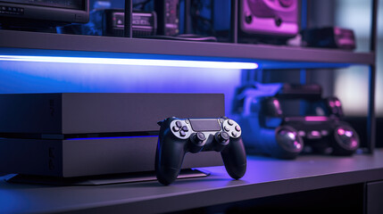Modern gaming console with controllers on a desk in neon light
