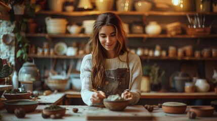 Smiling Female Potter Molding Clay in Studio - obrazy, fototapety, plakaty