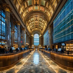 Fototapeta premium The opulent interior of a railway station featuring soaring columns, a decorative ceiling, and digital timetable displays in a symmetrical view.