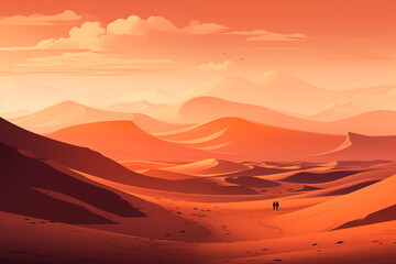 Abstract two people silhouettes walking in sandy desert, dune landscape in sunset. Cartoon flat illustration