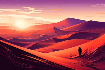 Cartoon dune landscape. Abstract human silhouette walking in sandy desert. Modern flat illustration