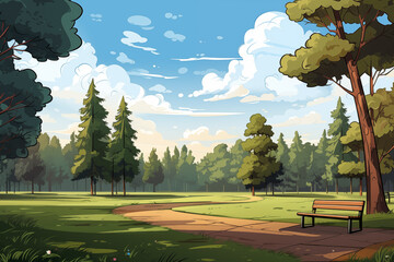 Cartoon city park. Simple minimalist public park with wooden bench and trees. Cute modern nature landscape. Flat illustration