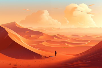 Cartoon dune landscape. Abstract human silhouette walking alone in sandy desert. Modern flat...