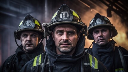 Professional firefighting team positioned and ready, with intense focus amidst hazardous blaze, exemplifying dedication and bravery.