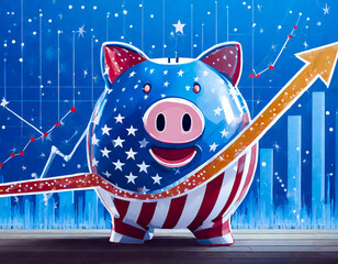 a smiling piggy bank in Stars and Stripes pattern is on a blue background with a graph showing an upward trend US economy growth