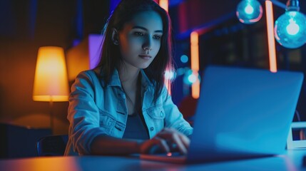 beautiful young female hacker programmer sitting at a laptop