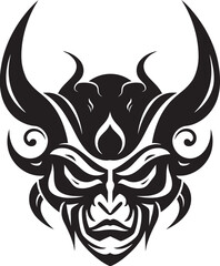Noh Nightmare Iconic Emblem of Creepy Japanese Demon Kabuki Kaijin Hand Drawn Symbol for Sinister Mask