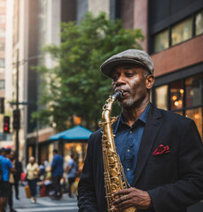 A mature African American man playing jazz saxophone on the street in the evening city lights - obrazy, fototapety, plakaty