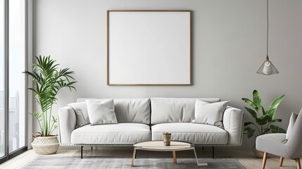 Modern Living Room Interior with Elegant Sofa and Empty Mockup Frame