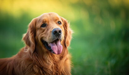 Fototapeta premium Golden Retriever Sitting on the Grass with Tongue Out, Daylight