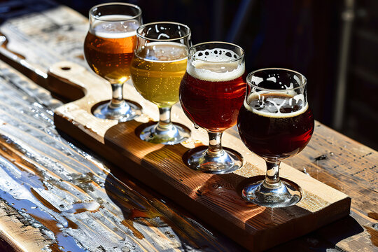 Flavor and aroma beers of a saison on a wooden board. Craft beer fermented at high temperatures in top view under studio light.