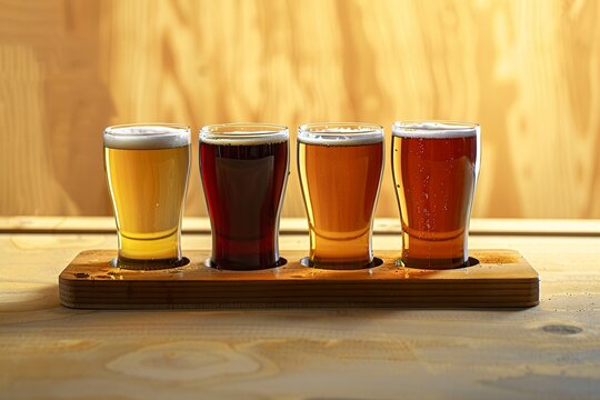 Flavor and aroma beers of a saison on a wooden board. Craft beer fermented at high temperatures in top view under studio light.