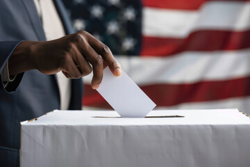 Obraz premium Aafrican-american man putting his vote in the ballot box.United States of America 2024 Presidential Election day.