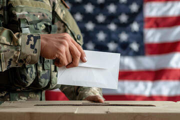 Soldier of US army in uniform putting his vote in the ballot box.United States presidential election in 2024. - obrazy, fototapety, plakaty