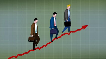 Cartoon 3 businessmen people going up the chart graph. Business character animation metaphor of progress, success, career advancement, climbing up career ladder or stairs isolated.
