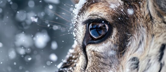 A macro photograph showcasing the electric blue eye of a cheetah, a terrestrial animal, in a snowy...