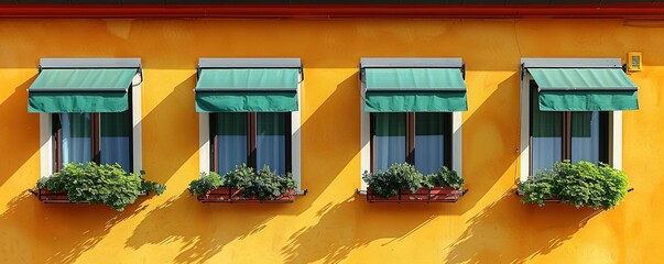 stylish yellow and orange building facade with green window shades - obrazy, fototapety, plakaty