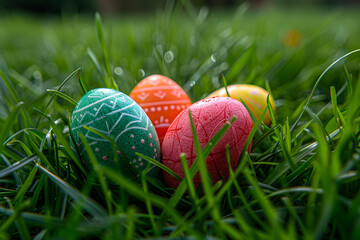 Fototapeta premium Colorful Easter eggs in grass, happy Easter background