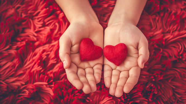 two red hearts in hands on red fluffy rug background for women's Day, mothers day, valentine's day.