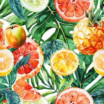 Seamless watercolor pattern with tropical fruits and leaves