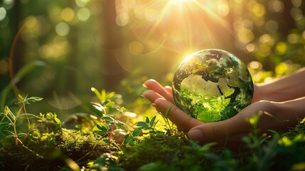 Amidst golden rays of sunshine hands tenderly grasp a lush green globe reflecting a commitment to global unity and ecological mindfulness The sunny background infuses