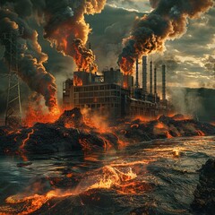 Amidst the chaos of a volcanic eruption molten lava threatens an electrical plant symbolizing the raw power of natures fury Against a backdrop of billowing smoke and fiery rivers