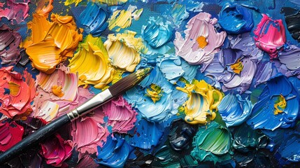 Fototapeta na wymiar Close Up of Paintbrush on Colorful Palette