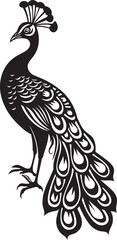 Royal Avian Radiance Logo Design of Stunning Peacock in Black Vector Luxurious Feathered Majesty Vector Icon of Grand Peacock in Black