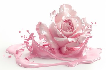 pink rose with pink liquid isolated on white