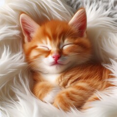 A tiny adorable crimson kitten peacefully slumbers atop a soft, snowy white blanket of fur.